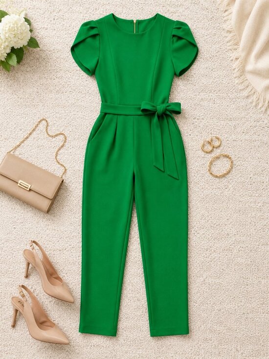 Calvin Klein Pants - Calvin Klein Emerald Green Short Sleeve Belted Jumpsuit